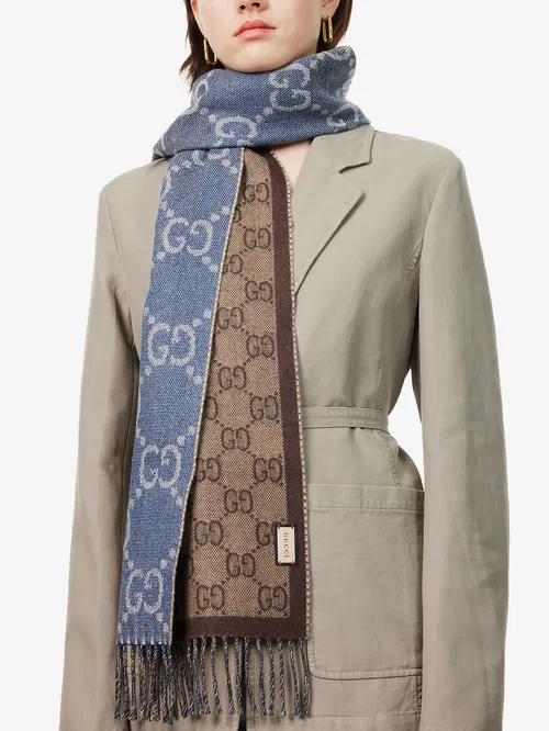 GUCCI JACQUARD WOOL SCARF BROWN/BLUE